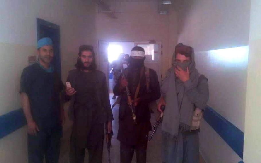 A photo shared on Facebook by a local Afghan doctor purportedly shows Taliban fighters inside a central hospital in Kunduz during a concerted Taliban offensive on Sept. 28, 2015. After holding the hospital for an hour, the fighters left without harming anyone or causing any damage, health officials said.