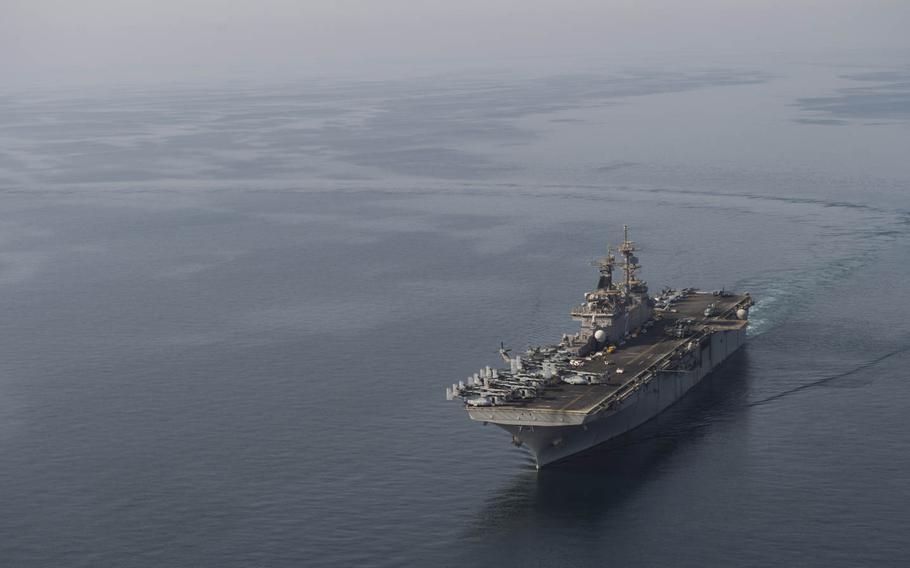 The multipurpose amphibious assault ship USS Essex, the flagship of the Essex Amphibious Ready Group, sails through the Persian Gulf Oct. 14, 2015.