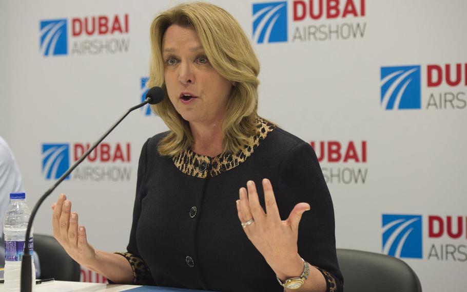 Secretary of the Air Force Deborah Lee James responds to questions about foreign military sales and the protest over the Long-Range Strike-Bomber contract, during a joint press conference at the 2015 Dubai Airshow on Tuesday, Nov. 10, 2015.