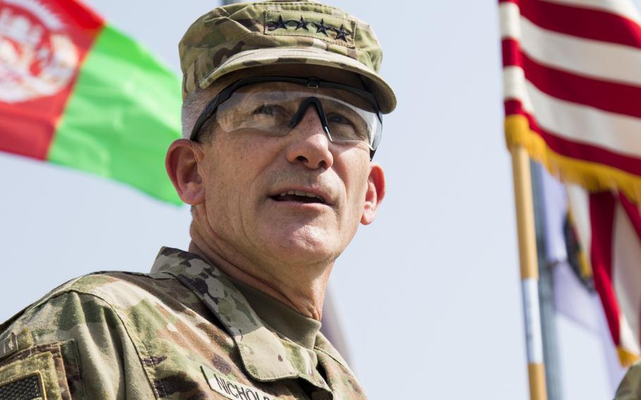 NATO commander in Afghanistan Gen. John W. Nicholson speaks at a ceremony in October 2017. 