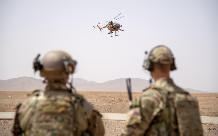 Train, Advise and Assist Command-Air operations advisers observe an MD-530 during the final exercise of the Afghan tactical air coordinator course Sept. 5, 2018, in Kabul, Afghanistan. 