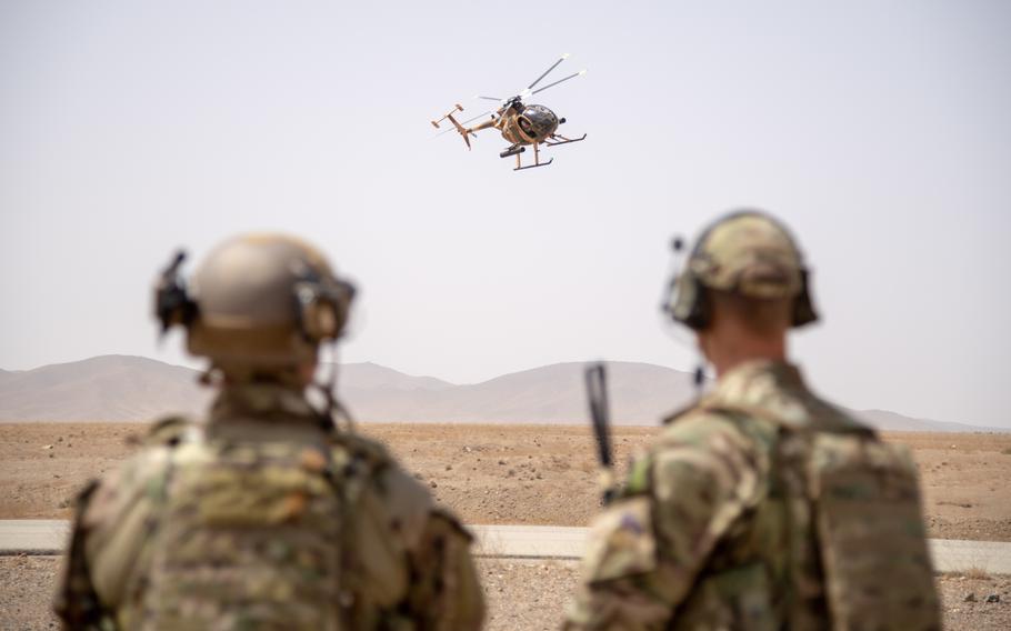Train, Advise and Assist Command-Air operations advisers observe an MD-530 during the final exercise of the Afghan tactical air coordinator course Sept. 5, 2018, in Kabul, Afghanistan.