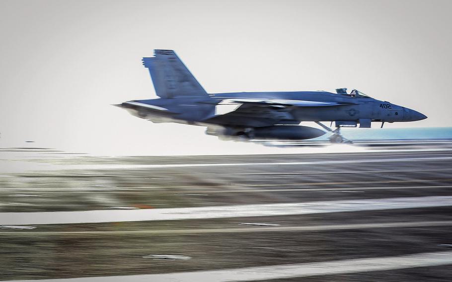 An F/A-18E Super Hornet from Strike Fighter Squadron 25 launches from the flight deck of the aircraft carrier USS Abraham Lincoln in the Ionian Sea, May 1, 2019.