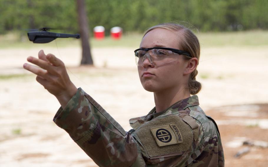 Pvt. Kesley Darnell, 3rd Brigade Combat Team, 82nd Airborne Division, lets go of the air vehicle as it takes off during the systems fielding at Fort Bragg, N.C., May 2, 2019.