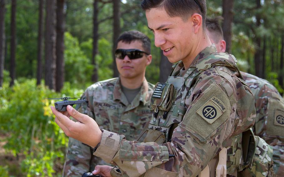 Pfc. Kyle Dinsmore, 1st Battalion, 505th Parachute Infantry Regiment, 82nd Airborne Division gets his turn to use the system during the SBS fielding at Fort Bragg, N.C., May 2, 2019.