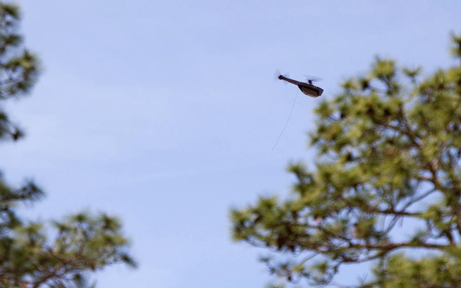 The Soldier Borne Sensors air vehicle flies in the sky during the SBS fielding at Ft. Bragg, N.C., May 2, 2019. The air vehicles are small, highly maneuverable airborne sensors.