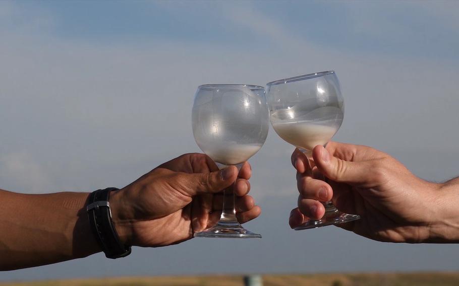 Soldiers in Kazakhstan for the Steppe Eagle exercise in June 2019 clink wine glasses containing kumis, or fermented horse milk. Opinions on the taste of the local specialty varied.