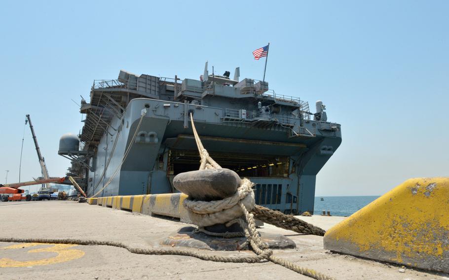 The amphibious assault ship USS Boxer shown pierside at Bahrain's Khalifa bin Salman Port on Aug. 1, 2019.