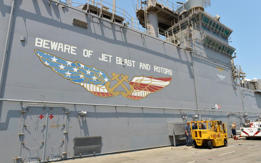 The amphibious assault ship USS Boxer shown pierside at Bahrain's Khalifa bin Salman Port on Aug. 1, 2019. 