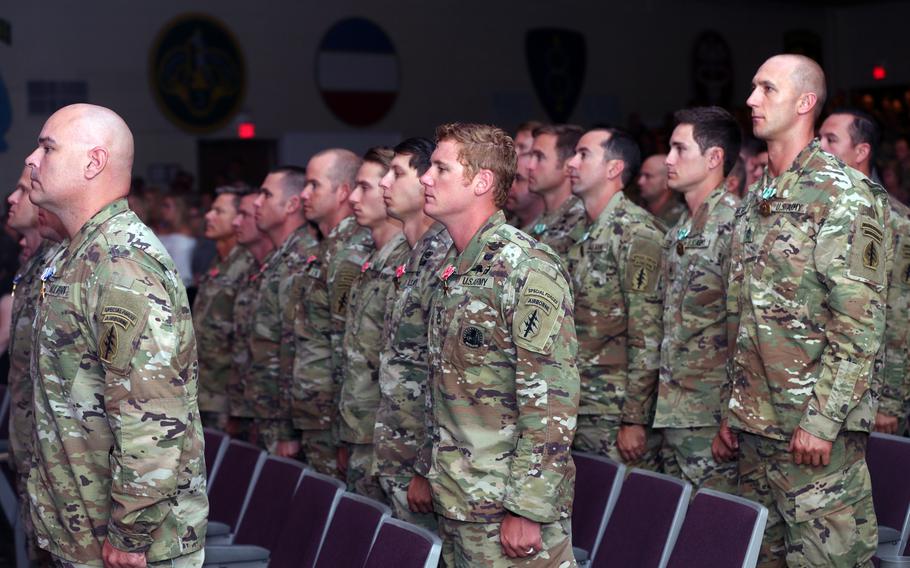 Green Berets of 10th Special Forces Group received awards for combat action in Afghanistan, during a valor award ceremony on Fort Carson, Colo., Sept. 26, 2019.
