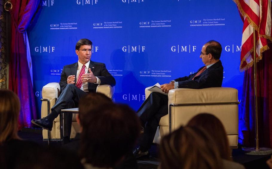 Defense Secretary Mark Esper speaks at the German Marshall Fund in Brussels, Oct. 24, 2019.