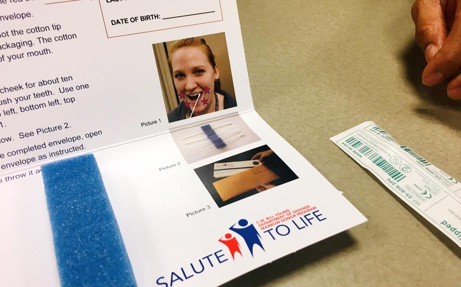 A cheek swab kit like this one can be sent individually or in bulk to a command anywhere in the world. Sailors and Marines stationed at Naval Amphibious Force 51/5 conducted a bone marrow drive at their headquarters in Bahrain on Oct. 24, 2019, and are pushing for the program to spread on base.