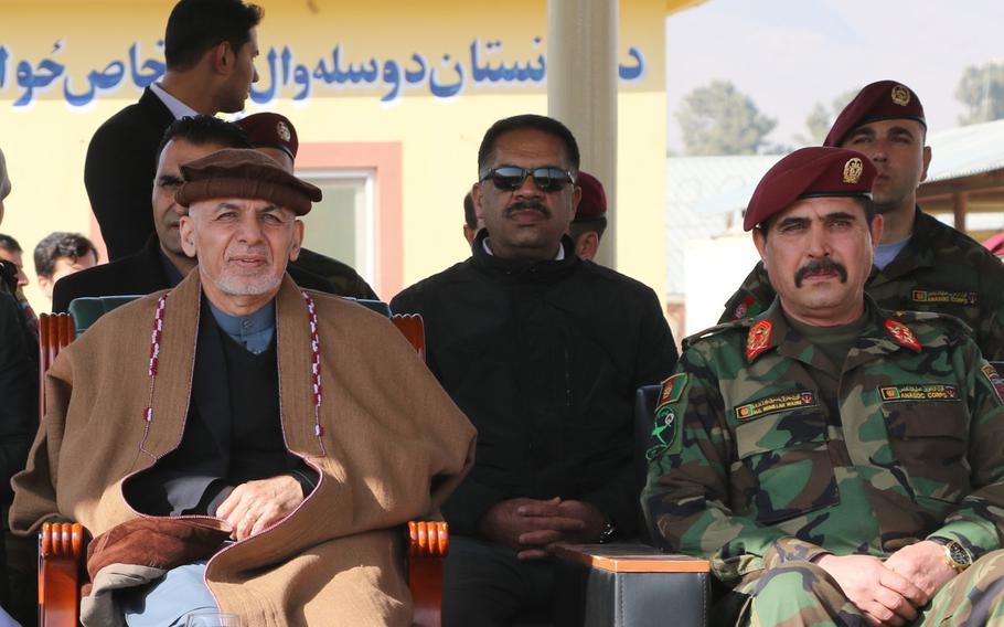 Afghan President Ashraf Ghani visits the Afghan National Army Special Operations Command at Camp Commando, Kabul, Afghanistan, Jan. 19, 2018. Ghani announced in a speech on Tuesday, Nov. 19, 2019, that the Islamic State group's "backbone was broken" in Afghanistan after hundreds of its fighters surrendered.