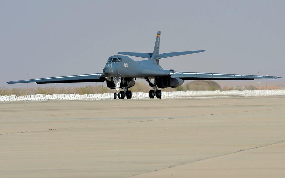 An Air Force B1-B Lancer touches down at Prince Sultan Air Base in Saudi Arabia, Oct. 25, 2109. 