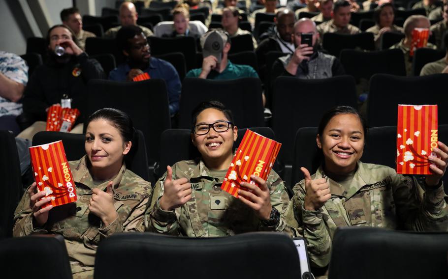 Soldiers in Afghanistan await the premiere of "Star Wars: The Rise of Skywalker" on Thursday, Dec. 19, 2019, at Bagram Airfield, Afghanistan.