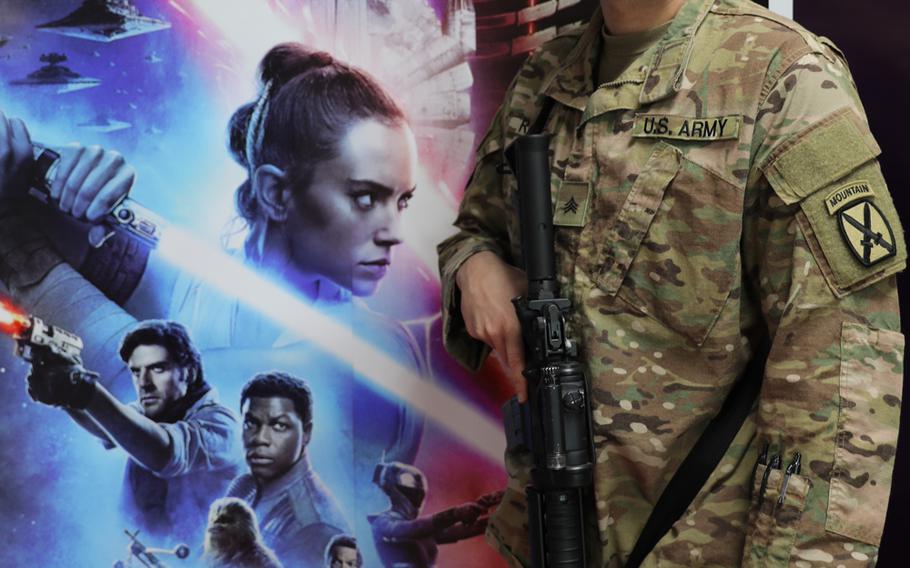 Sgt. Danny Ramirez from the 10th Combat Aviation Brigade prepares to watch the Star Wars premiere on Thursday, Dec. 19, 2019, at Bagram Airfield, Afghanistan.