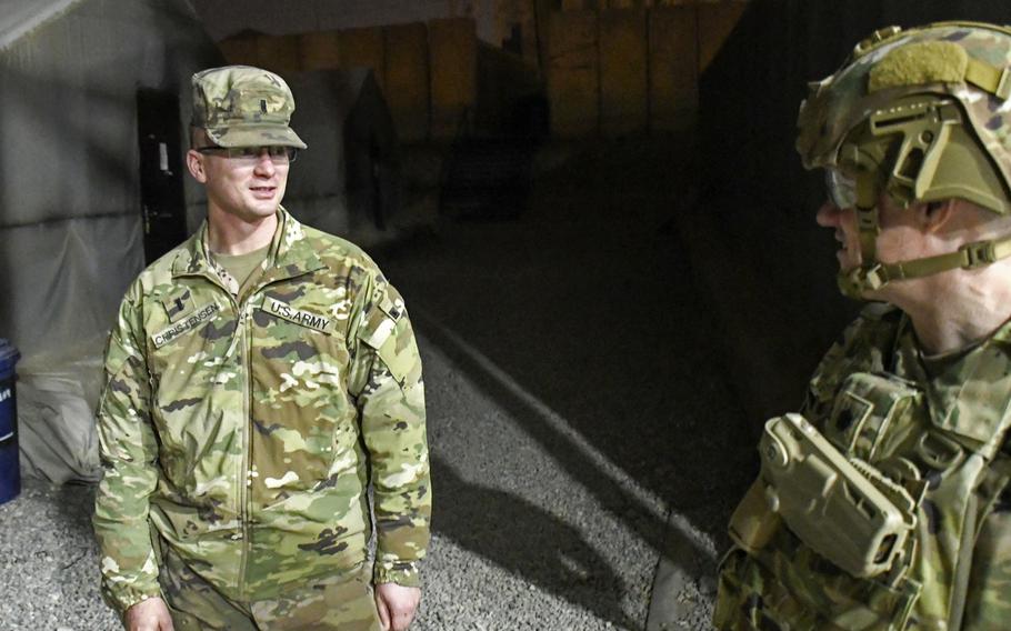 1st Lt. Eric Christiansen, left, speaks with his battalion commander, Lt. Col. Travis Tilman, on Thursday, Dec. 26, 2019, at a camp in Mosul, Iraq. Tilman's holiday visit was a rare opportunity for him to get out of Baghdad and meet with his battalion's troops spread out around Iraq.