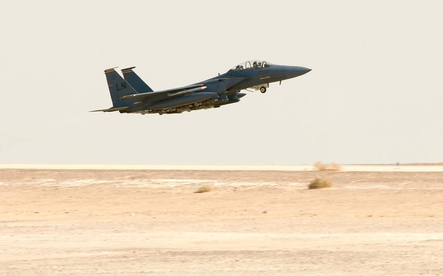 A U.S. Air Force F-15E Strike Eagle assigned to the 494th Expeditionary Fighter Squadron takes off on the first U.S. Air Force combat sortie in 17 years generated at Prince Sultan Air Base, Kingdom of Saudi Arabia, Jan. 8, 2020.