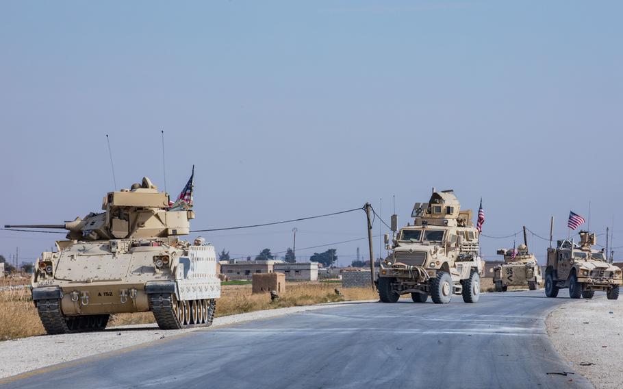 Armored vehicles and soldiers from the 30th Armored Brigade Combat Team, North Carolina Army National Guard, partner with Syrian Democratic Forces in eastern Syria, Nov. 13, 2019. In January, coalition soldiers joined with Syrian partner forces to kill a top Islamic State oil official.