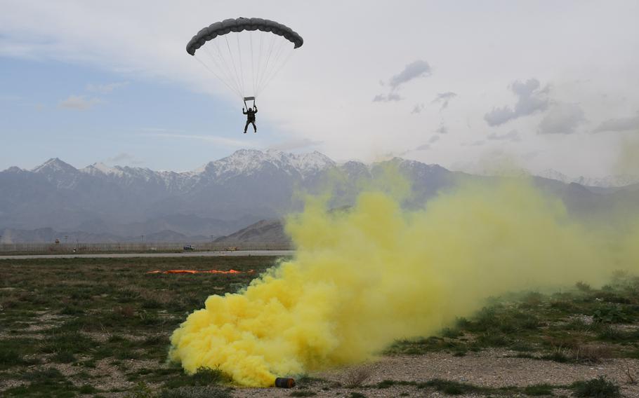 An American airman takes part in a parachuting exercise at Bagram Airfield in March 2018. The Pentagon has requested $14 billion from Congress to support operations in Afghanistan during the next fiscal year, the lowest number in over a decade.