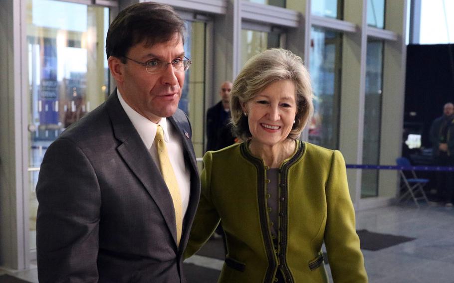 Secretary of Defense Mark Esper and U.S. Permanent Representative to NATO Kay Bailey Hutchison before the start of the second day of a two-day meeting of defense ministers at NATO headquarters in Brussels, Belgium, Feb. 13, 2020.