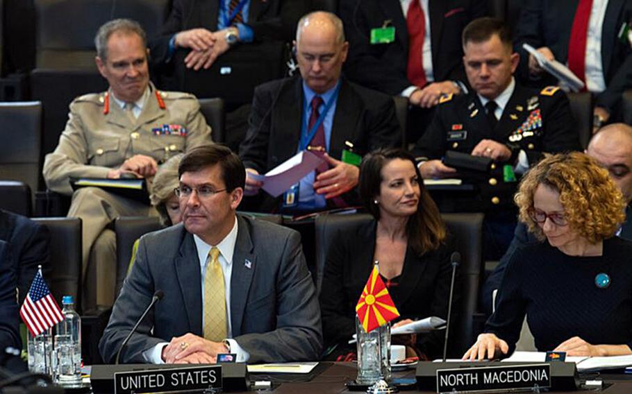 Secretary of Defense Mark Esper during the second day of a two-day meeting of NATO defense ministers at the alliance's headquarters in Brussels, Belgium, Feb 13, 2020.