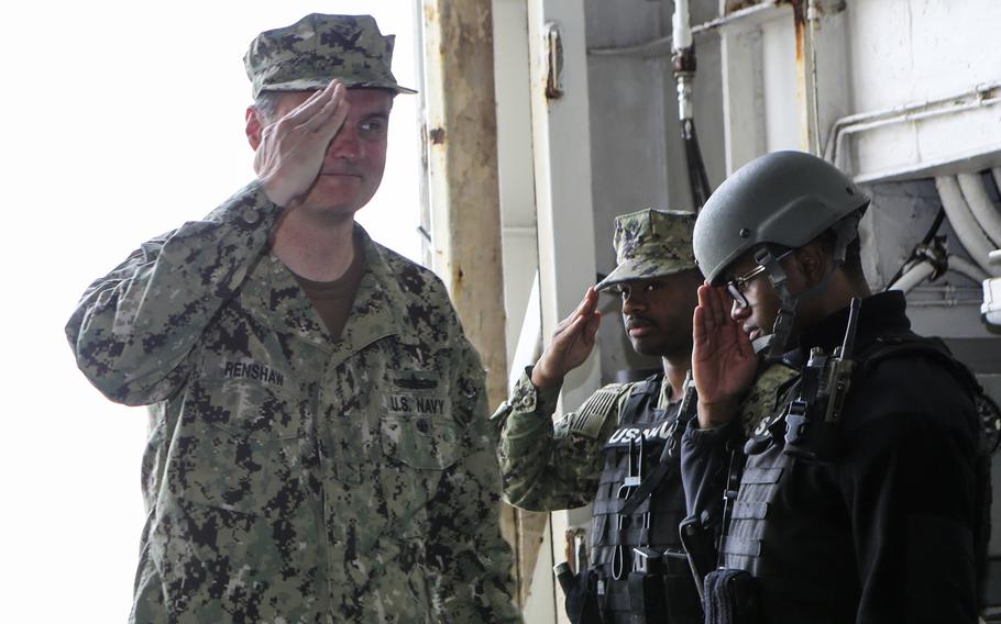 Rear Adm. Curt A. Renshaw, deputy commander of U.S. Naval Forces Central Command, arrives aboard the amphibious assault ship USS Bataan Feb. 17, 2020, at Khalifa Bin Salman Port, Bahrain. The ship stopped briefly in Bahrain after transiting the Strait of Hormuz last week.