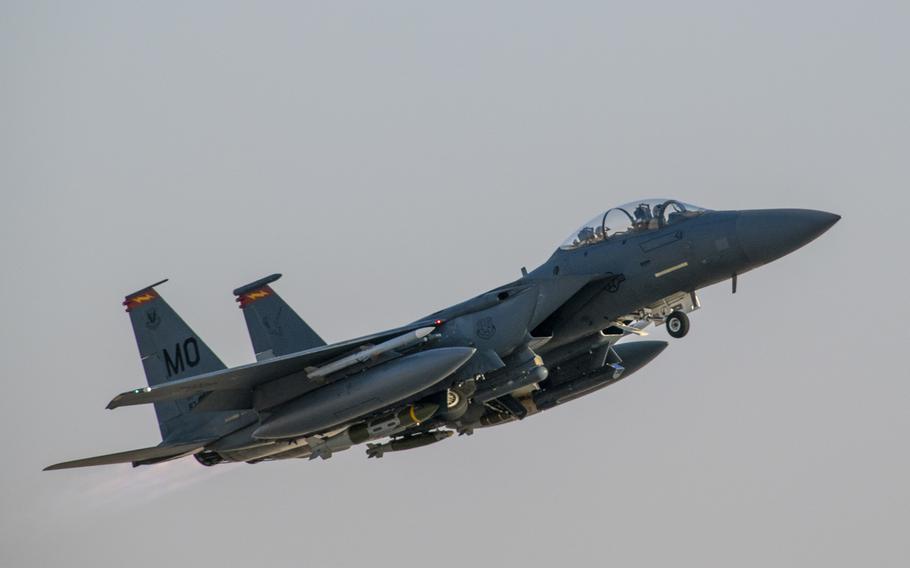 An Air Force F-15E Strike Eagle from the 332rd Air Expeditionary Wing takes off Feb. 13, 2020, at an undisclosed location in Southwest Asia. U.S. airstrikes Feb. 25, 2020, killed four Islamic State fighters in Afghanistan's Kunar province, U.S. officials said.