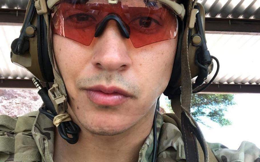Javier Jaguar Gutierrez at a training range in Florida, in September 2019, shortly before he deployed to Afghanistan, where he was killed in an attack in February 2020. Gutierrez was posthumously promoted to sergeant first class.