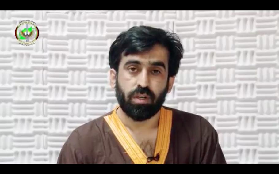 The man in this screen shot from a National Directorate of Security video released April 22, 2020, says he is Muneeb, who Afghan officials say is a senior Islamic State-Khorasan fighter. In the video, he confesses to working on strengthening ties between ISIS-K and other terrorist groups.