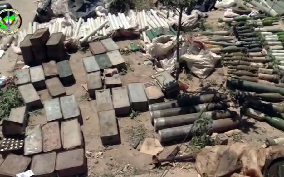 An image from a video released by Afghanistan's National Directorate of Security on Wednesday, May 6, 2020, shows weapons said to have been confiscated during a series of raids in which five Islamic State fighters were killed and their terror cell eliminated.