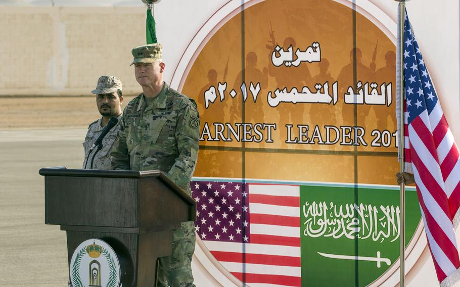 Maj. Gen. Terrence J. McKenrick, then-U.S. Army Central deputy commander, delivers remarks during the Earnest Leader 17 closing ceremony in Saudi Arabia in 2017. The Army has authorized soldiers who have served in Saudi Arabia since September 2019 to wear combat patches.