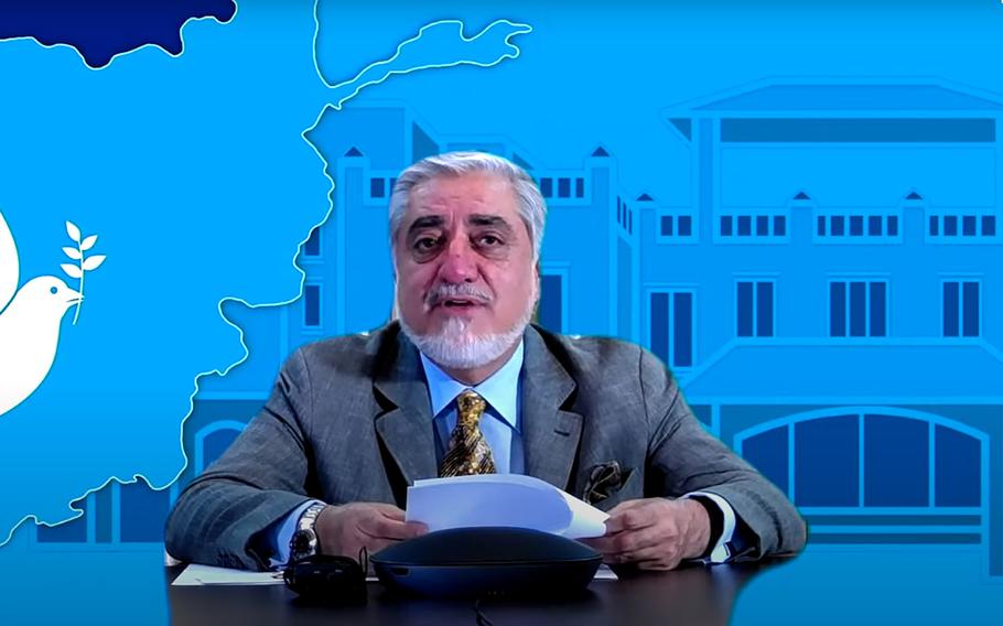 Abdullah Abdullah, chairman of Afghanistan's High Council for National Reconciliation, seen here in a screenshot from an online event with the U.S. Institute of Peace on June 24, 2020, says escalating violence is making it more difficult to for the government to begin peace talks with the Taliban.