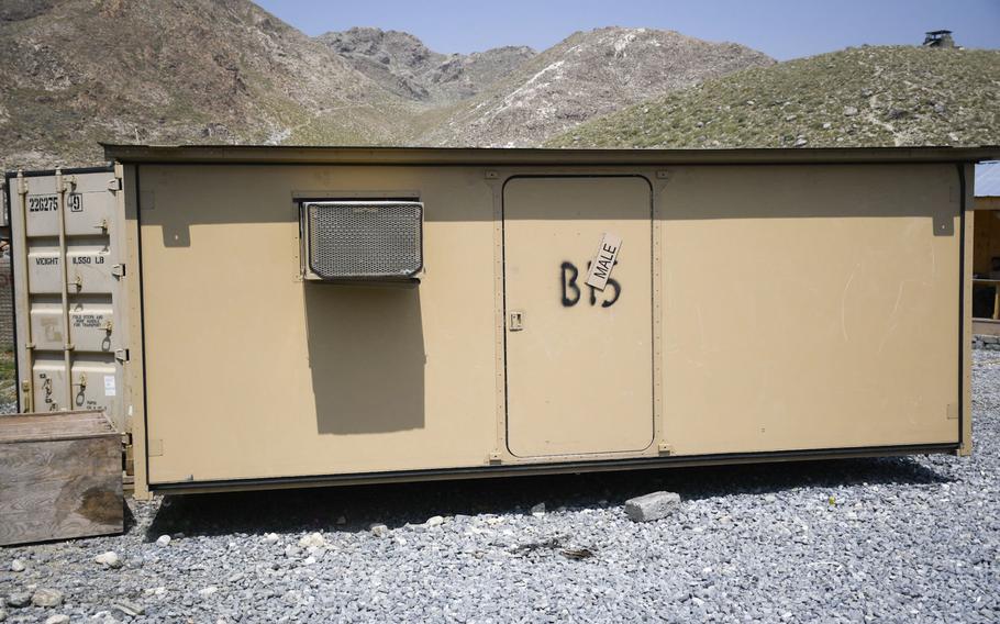 A bathroom in Achin district, Nangarhar province, in eastern Afghanistan, that was once used by American soldiers has sat idle for months since the U.S. withdrew from the area.