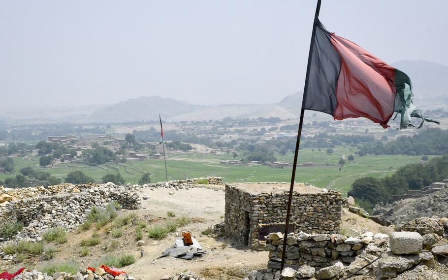 The view from an Afghan militia outpost in Achin district of eastern Afghanistan on July 26, 2020. Fighters at the outpost said the Taliban have increased attacks in the weeks since U.S. troops left a base in the valley.