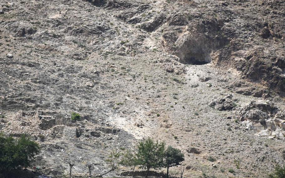 The crater left behind by the 2017 deployment of the GBU-43B Massive Ordnance Air Blast, or MOAB, as seen July 26, 2020. The bomb killed approximately 90 Islamic State fighters during an attack on a cave system in the Achin district of Nangarhar province, Afghanistan.