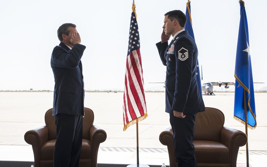 U.S. Air Force Maj. Gen. Barry Cornish, 12th Air Force commander, returns the salute of Master Sgt. Adam Fagan, 48th Rescue Squadron pararescueman, during a Bronze Star presentation ceremony at Davis-Monthan Air Force Base, Ariz., Oct. 1, 2020. Fagan was presented the Bronze Star Medal with valor for his actions during a mission last year in Afghanistan.
