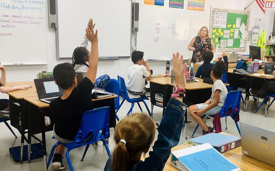 Teacher Heather Heffernan teaches a fifth grade class at Bahrain School in September 2019. High school students at the school are due to return to in-person classes starting Sunday, while elementary and middle school students at the U.S. Navy base on Bahrain returned to school in late September.