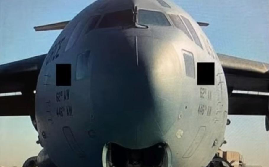 A U.S. Air Force C-17 Globemaster III made an emergency landing at Ahmad Shah Baba International Airport in Kandahar, Afghanistan, Oct. 18, 2020, with the nose landing gear still up.