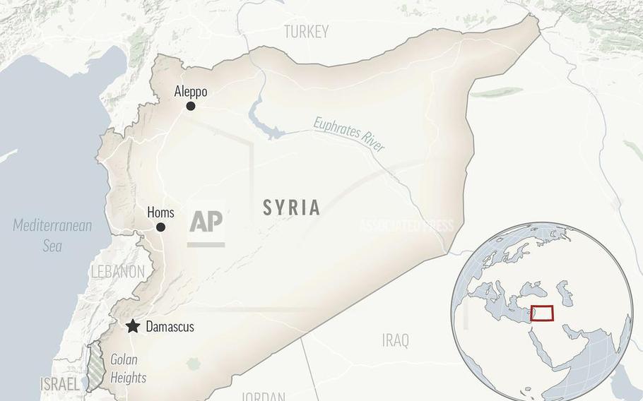 A locator map shows Syria and its capital Damascus which is located in southwestern Syria not far from the Lebanese border. 