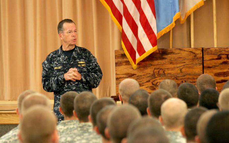 Adm. Mike Mullen, chairman of the Joint Chiefs of Staff, took questions from soldiers finishing basic training who asked about Iran, Afghanistan, "don't ask, don't tell" and how to help their spouses adjust to military life. Fort Benning, Ga., Friday, June 4, 2010.