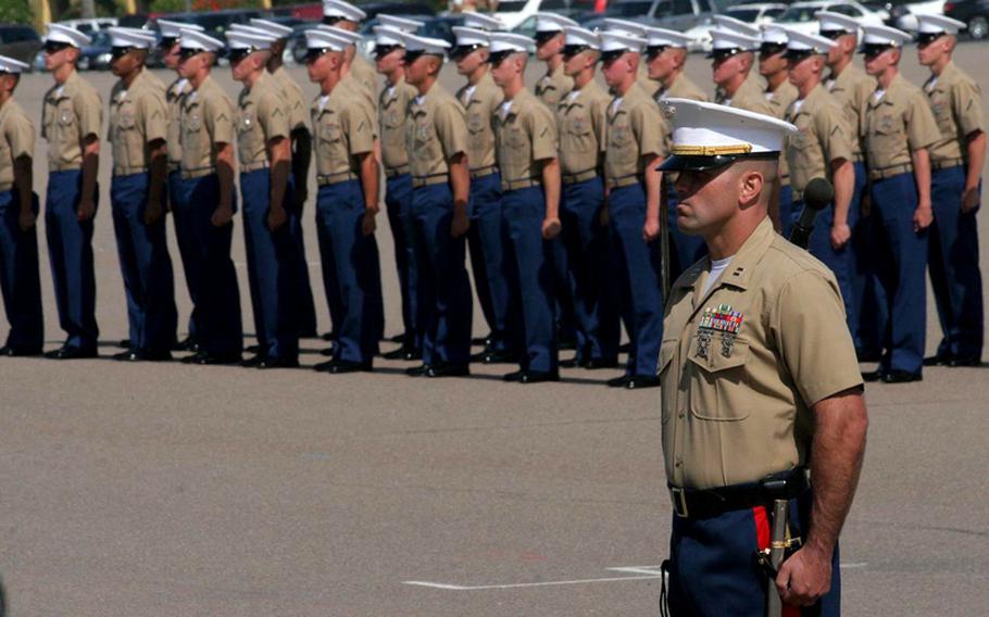 Marines stand in formation awaiting the arrival of Defense Secretary Robert Gates on Aug. 13, 2010, at Marine Corps Recruit Depot San Diego. Gates presided over the graduation of 196 recruits in six platoons.