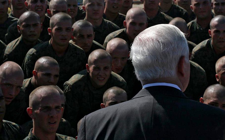 Defense Secretary Robert Gates visited Marine Corps Recruit Depot San Diego on Aug. 13, 2010, to inspect recruits and preside over a graduation ceremony of six platoons.