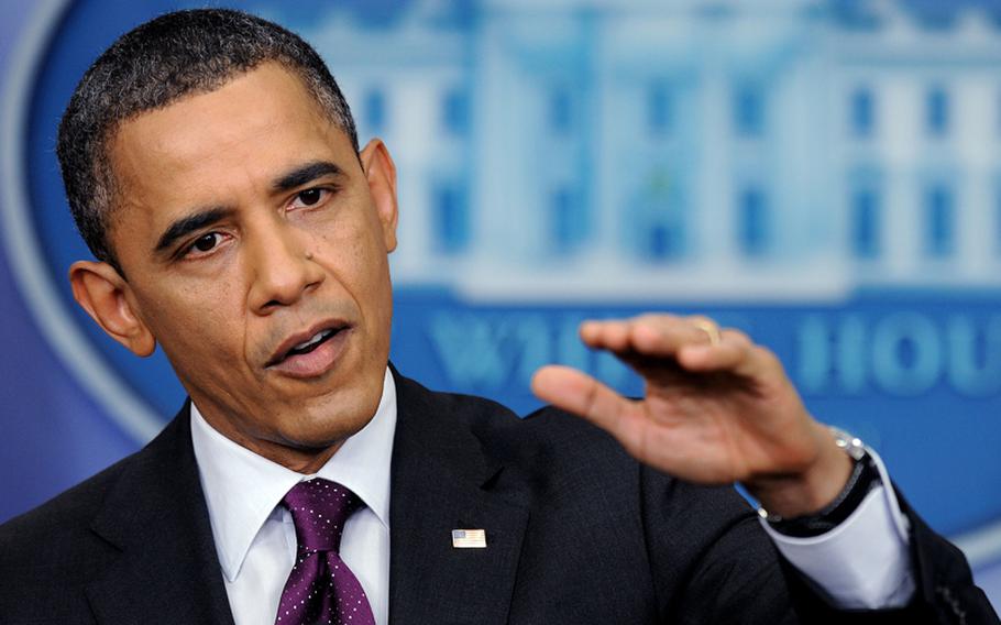 U.S. President Barack Obama speaks during a news conference in the Brady Press Briefing Room of the White House on March 6, 2012, in Washington, DC. 
