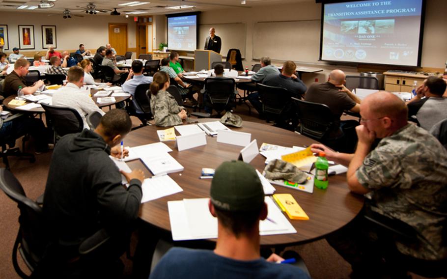 Airmen participate in a Transition Assistance Program class in the Airmen and Family Readiness Center on Ellsworth Air Force Base, S.D., on March 26, 2012. The program is designed to ease the transition from military to civilian life when airmen and their families are planning to separate or retire from the Air Force.