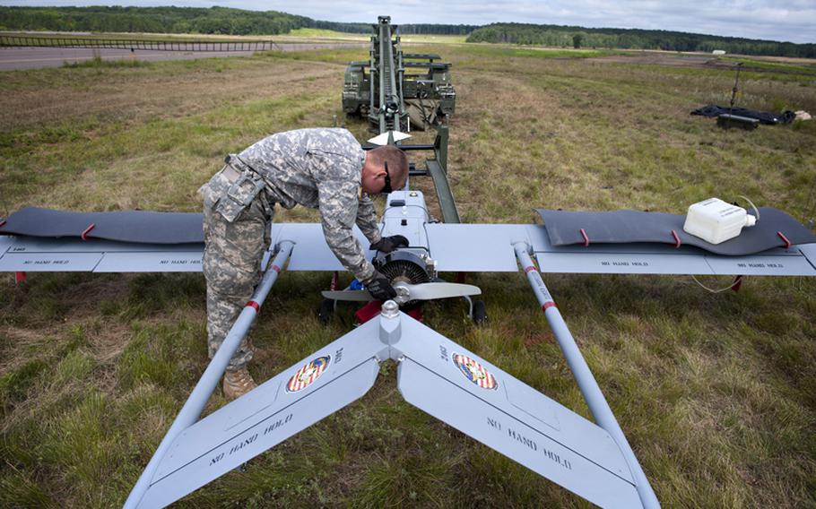 The 33rd Brigade combat team of the Illinois National Guard was training with their four Shadow 200 Tactical Unmanned Aerial Vehicles, July 19, 2012 at Camp Ripley in Little Falls, Minnesota. The aircraft is launched from a trailer-mounted pneumatic catapult.