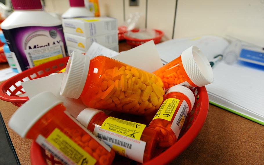 Processed medications await pick up at the pharmacy on Ellsworth Air Force Base, S.D., on Oct. 25, 2011. 