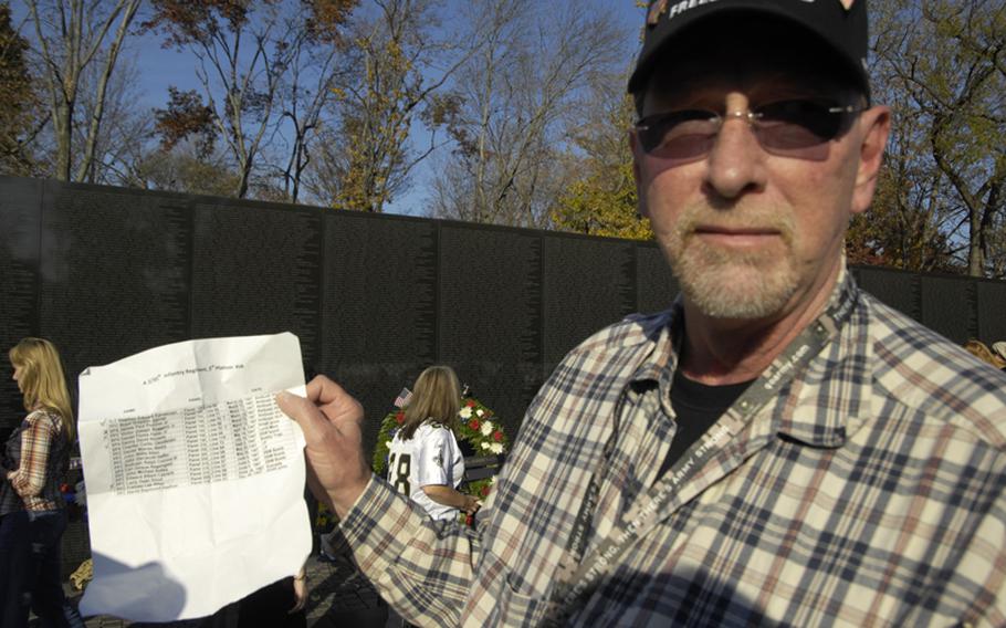 Vietnam veteran Frank Gabelman holds a list of 17 names of those he had fought with during the war who were killed in the war.