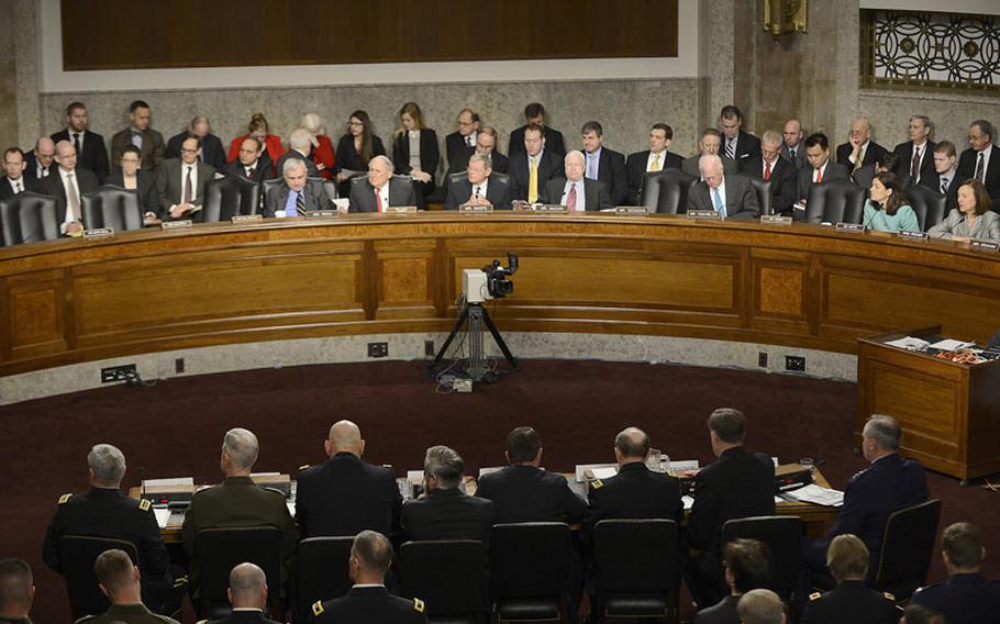 The Joint Chiefs of Staffs testify on Capitol Hill, Feb. 12, 2013, during a hearing before the Senate Armed Services Committee about the potential impact of sequestration and a full-year continuing resolution.
