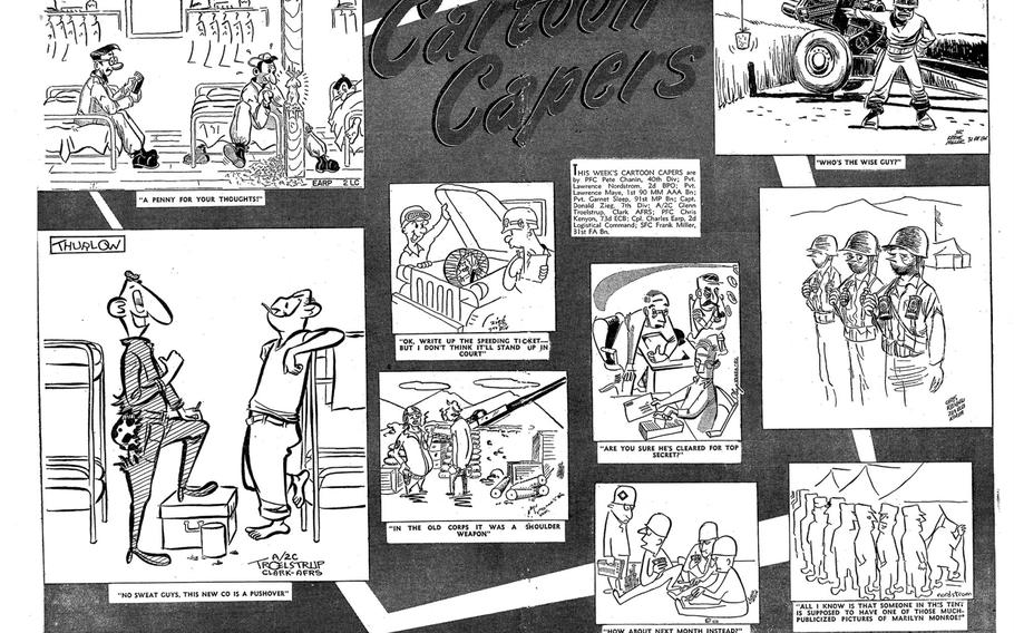 Showing in pencil form what was on the artist’s mind, the two page Cartoon Capers often were an illustrated Letter to the Editor.
Artists: Pete Chanin, Lawrence Nordstrom, Lawrence Maye, Garnet Sleep, Donald Zieg, Glenn Troelstrup, Chris Kenyon, Charles Earp, Frank Miller.
Source: Stars and Stripes Pacific edition – June 10, 1952